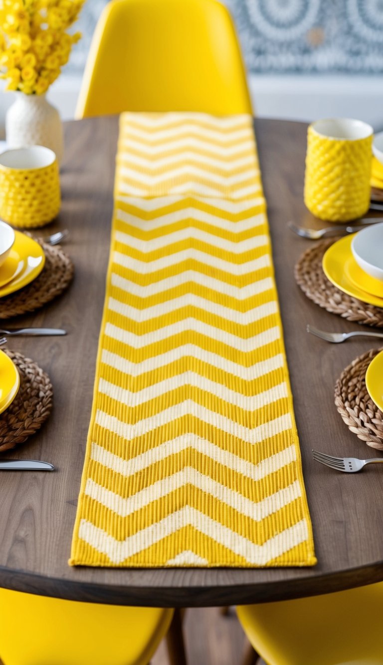 A yellow chevron table mat lays on a wooden table surrounded by bright yellow table decor