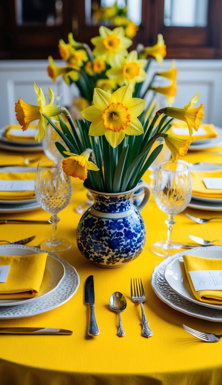 A vibrant yellow tablescape adorned with spring daffodils