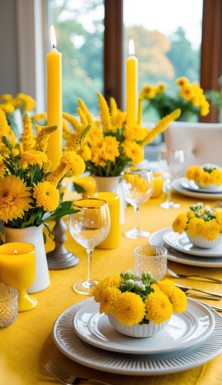 A goldenrod table adorned with yellow flowers, candles, and dinnerware, creating a cheerful and bright dining decor