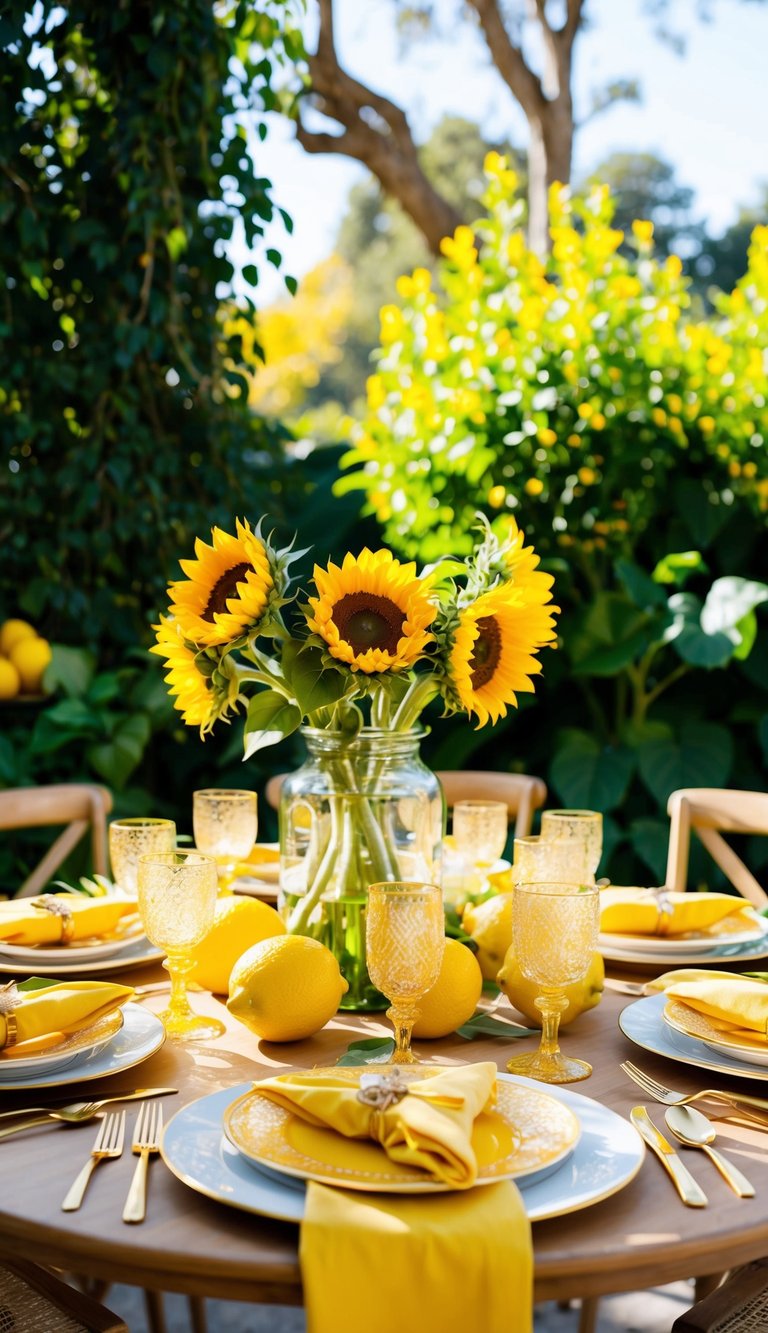 A sunny yellow tablescape adorned with fresh lemons, sunflowers, and golden tableware set against a backdrop of lush greenery and dappled sunlight