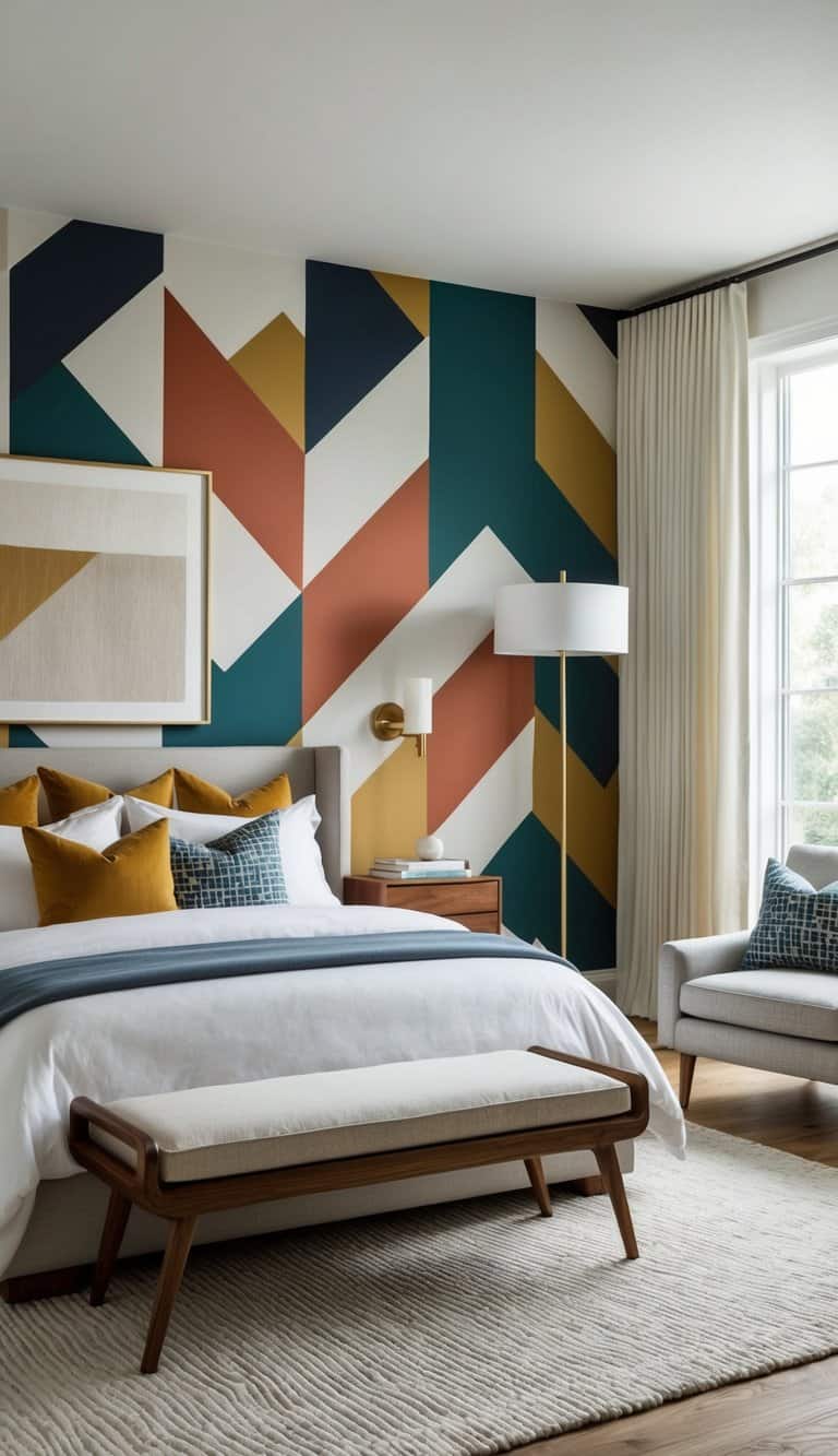 A bedroom with geometric wallpaper in bold colors