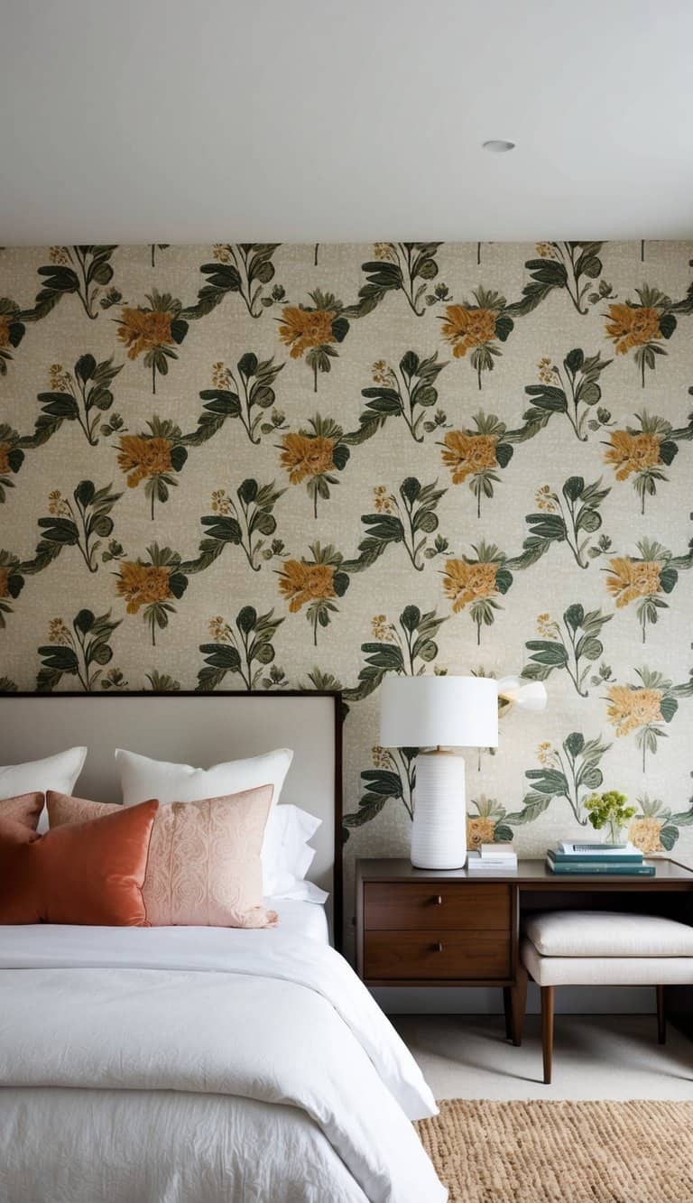 A bedroom with vintage botanical wallpaper, featuring bold floral patterns and textured details