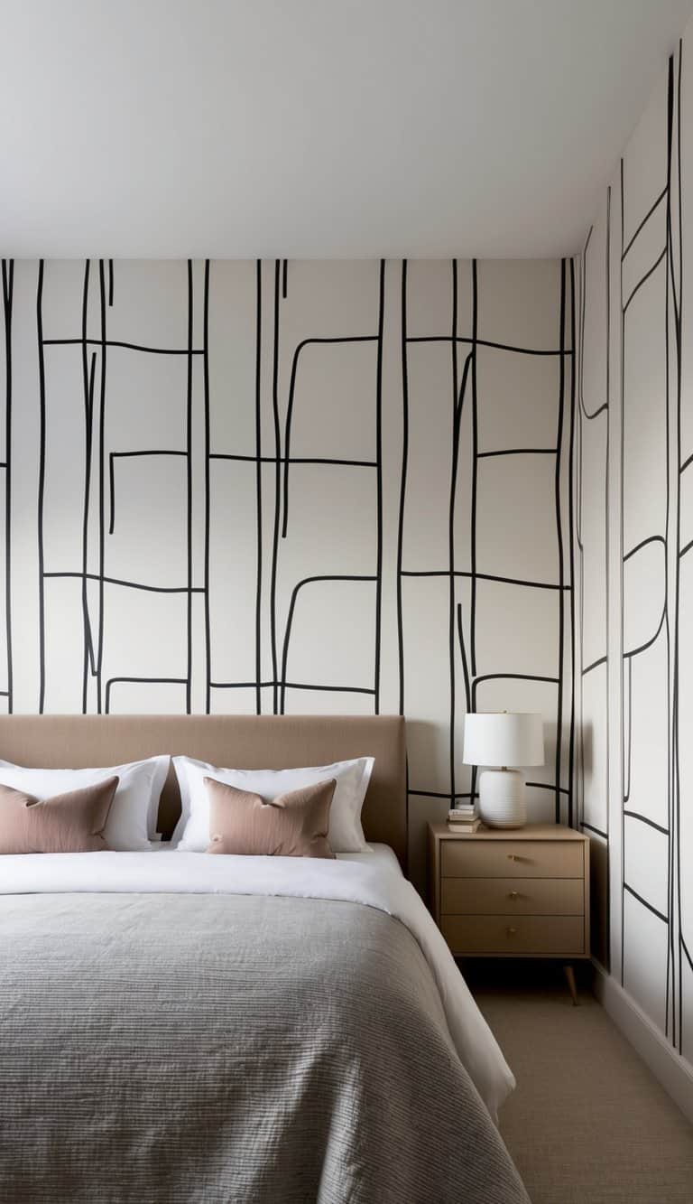 A bedroom with bold wallpaper featuring minimalist line art patterns