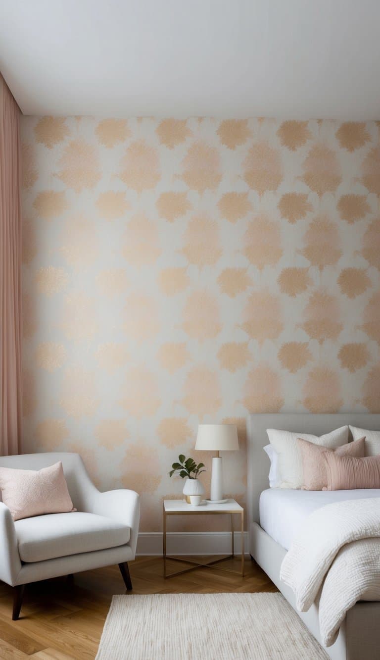 A bedroom with pastel ombre wallpaper, featuring a bold pattern or floral design, creating a textured and visually striking effect