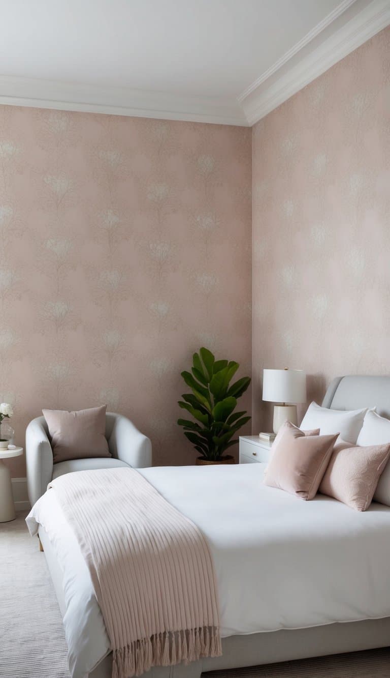 A bedroom with soft blush wallpaper adorned with intricate floral patterns, creating a serene and feminine atmosphere