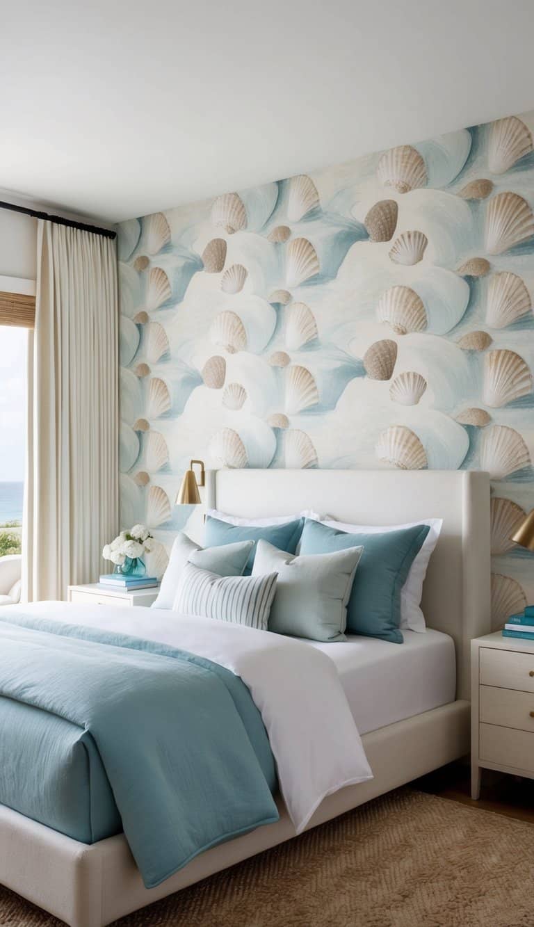 A bedroom with coastal-themed wallpaper featuring sea shells, creating a tranquil and beachy atmosphere