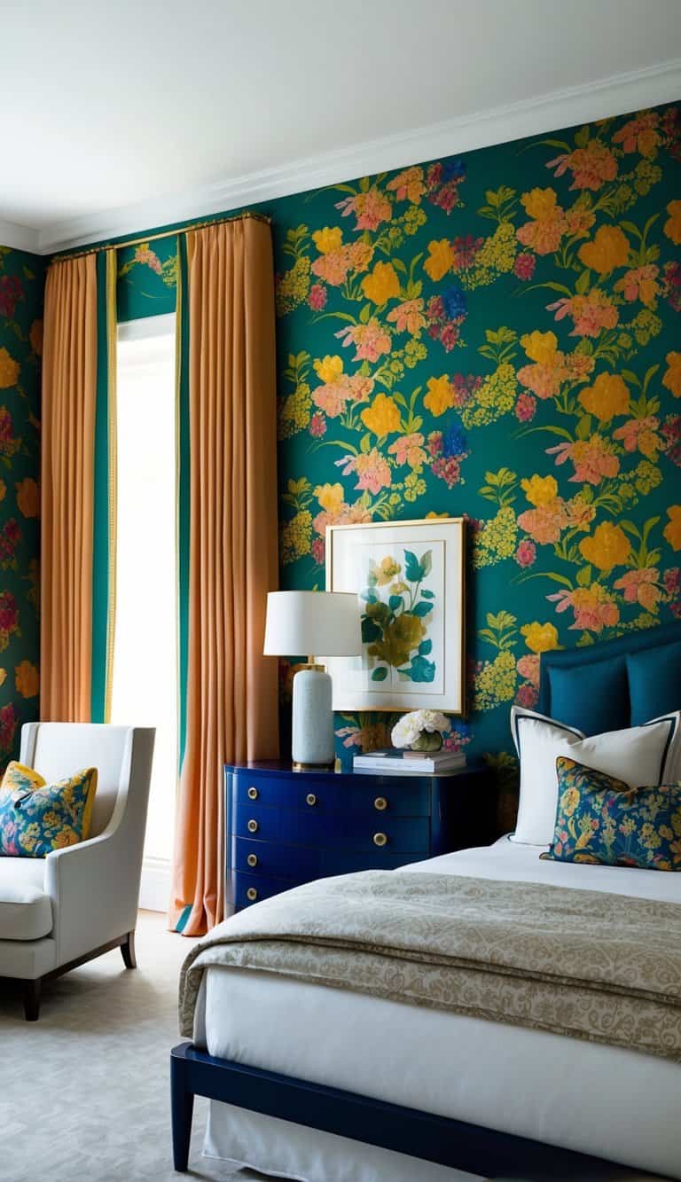 The bedroom is adorned with rich jewel-toned wallpaper featuring bold patterns and florals, creating a vibrant and luxurious atmosphere
