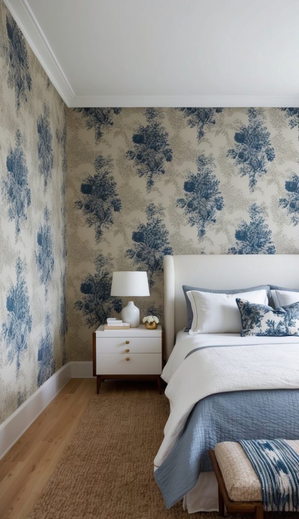 Bedroom with blue and beige floral wallpaper, a white upholstered headboard, blue and white bedding, and a bedside table with a lamp and flowers.