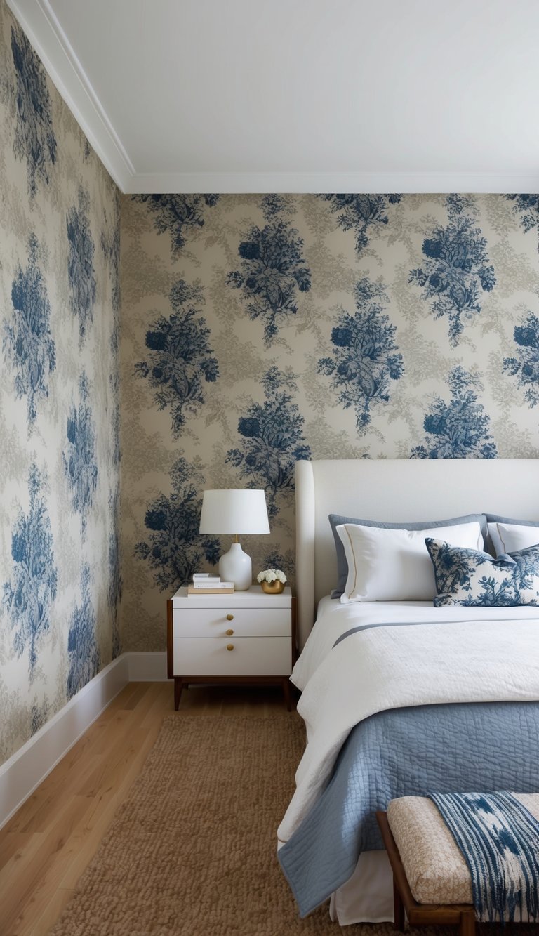 Bedroom with blue and beige floral wallpaper, a white upholstered headboard, blue and white bedding, and a bedside table with a lamp and flowers.
