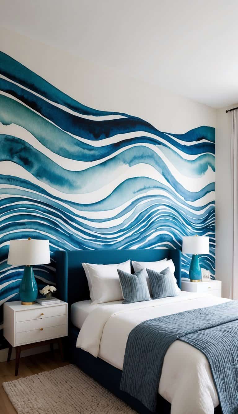 Bold watercolor waves flow across bedroom walls, creating a vibrant and textured backdrop for the space