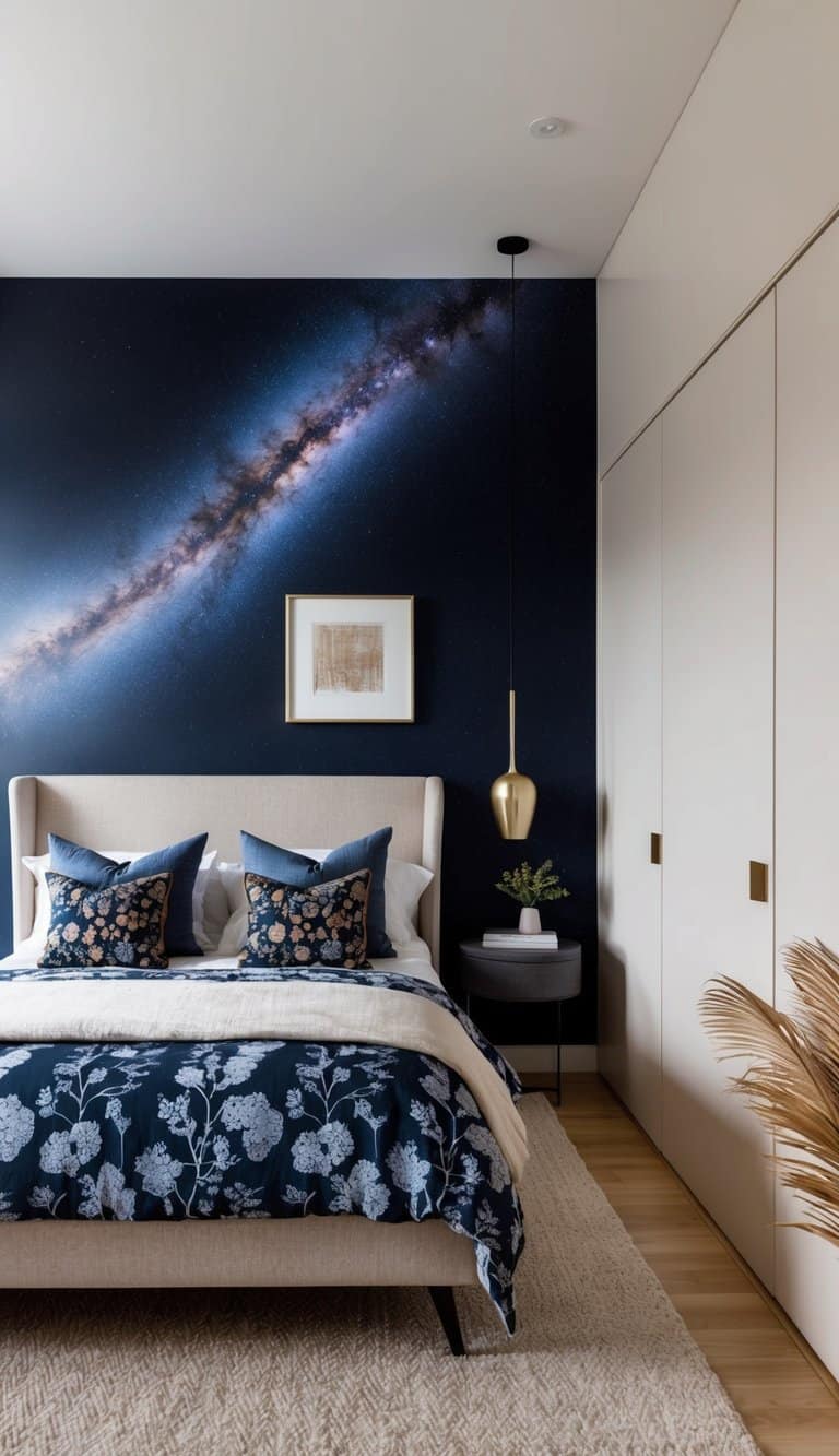 A bedroom with galaxy wallpaper, bold patterns, and floral textures