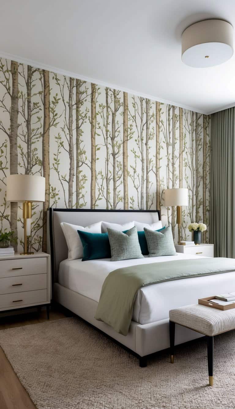 A bedroom adorned with nature-inspired wallpaper featuring twiggy tones and bold patterns
