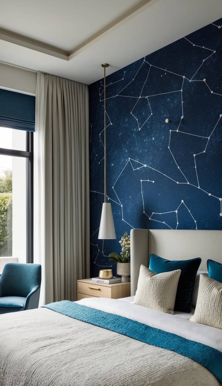 A bedroom with celestial constellations wallpaper, bold patterns, and textured walls