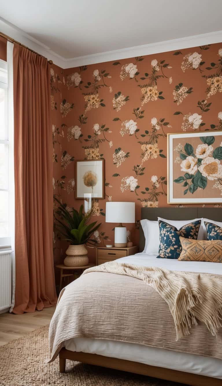 A cozy bedroom with warm terracotta wallpaper adorned with bold patterns and florals, creating a comforting and stylish atmosphere