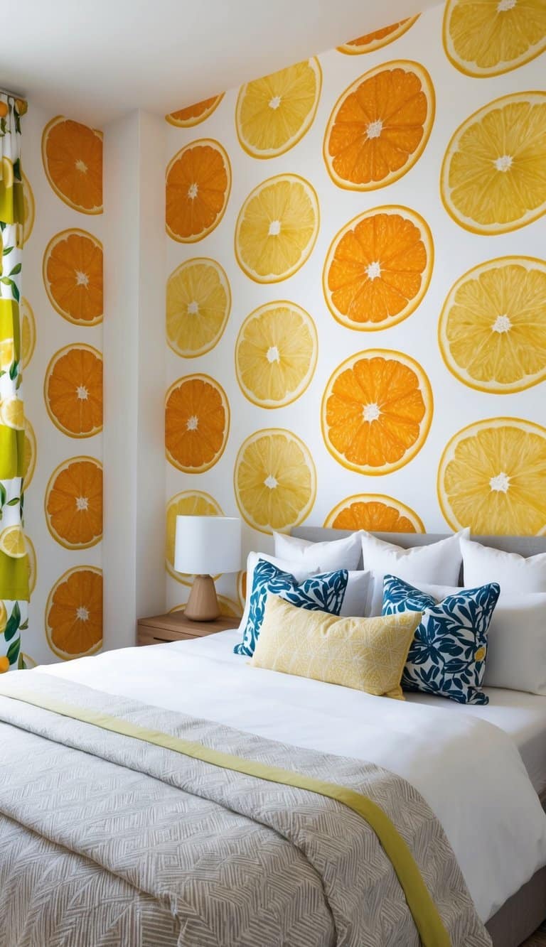 A bedroom wall adorned with vibrant citrus fruit prints, creating a bold and refreshing pattern