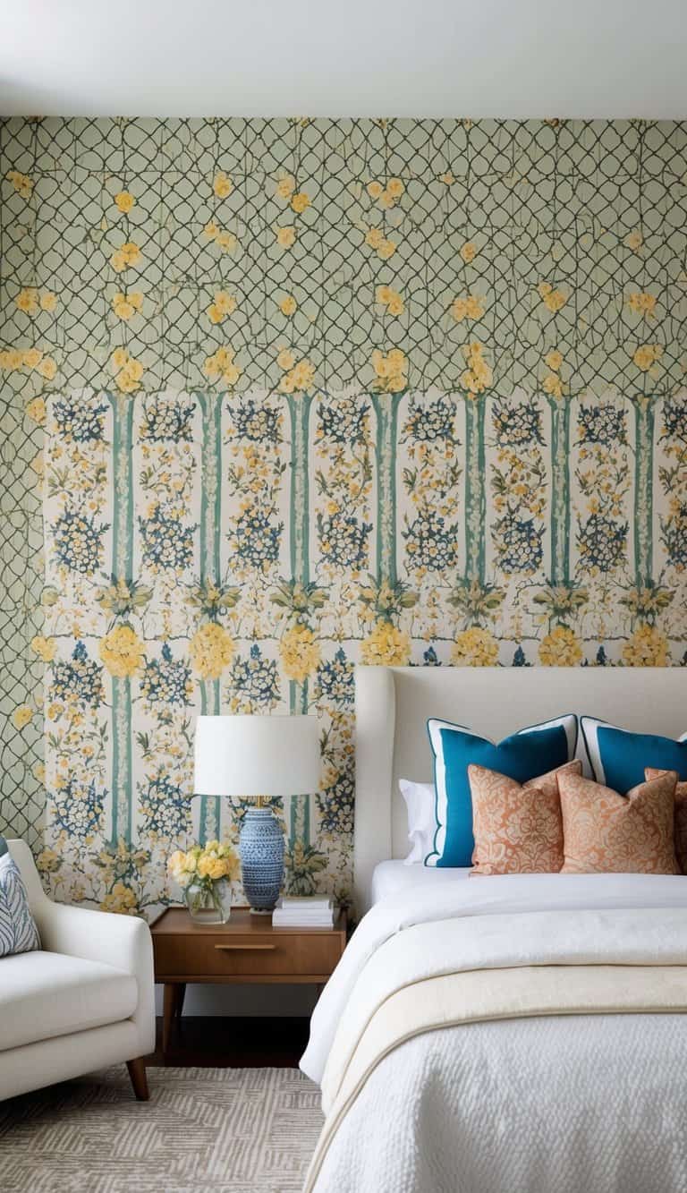 A bedroom with Moroccan lattice wallpaper, bold patterns, and floral textures