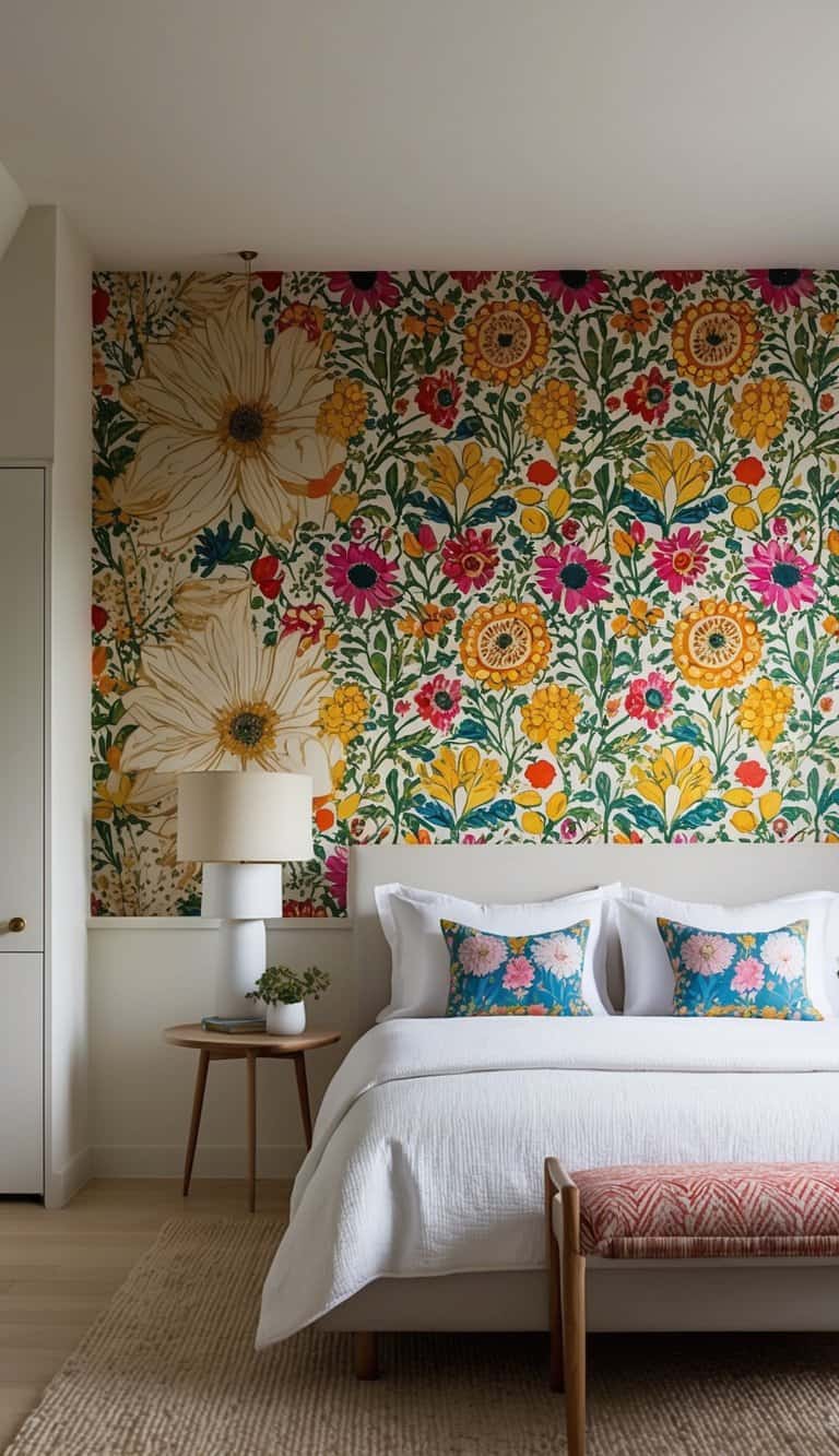 A bedroom with vibrant, folk art-inspired wallpaper featuring bold patterns and florals