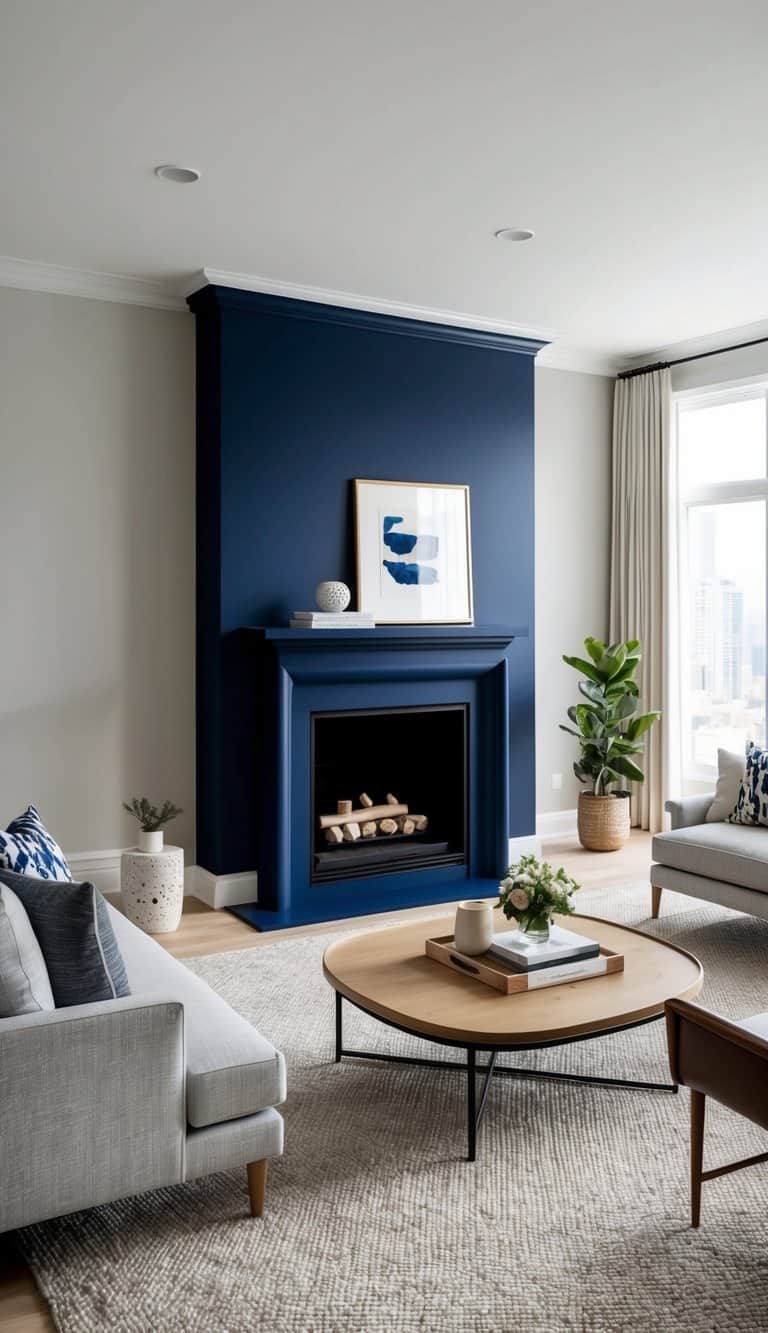 A rich navy blue accent fireplace with creative color transformations