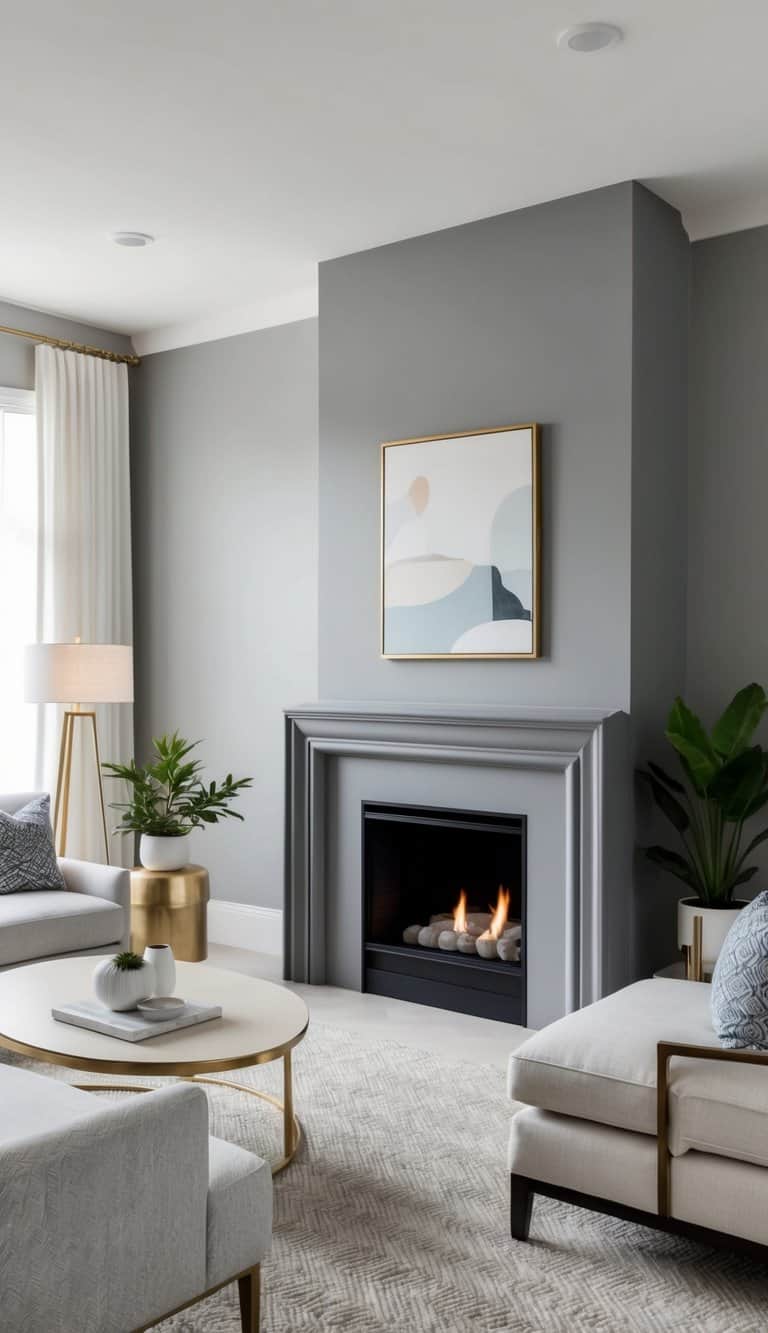A chic gray fireplace with a sophisticated painted design, featuring bold color transformations and a modern aesthetic