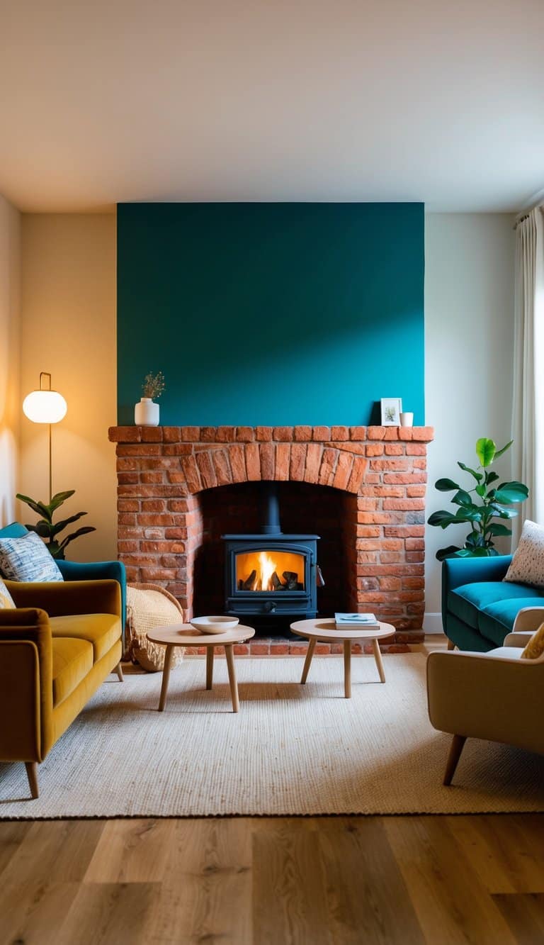 A cozy living room with a rustic red brick fireplace, painted in various creative colors, surrounded by comfortable seating and warm lighting
