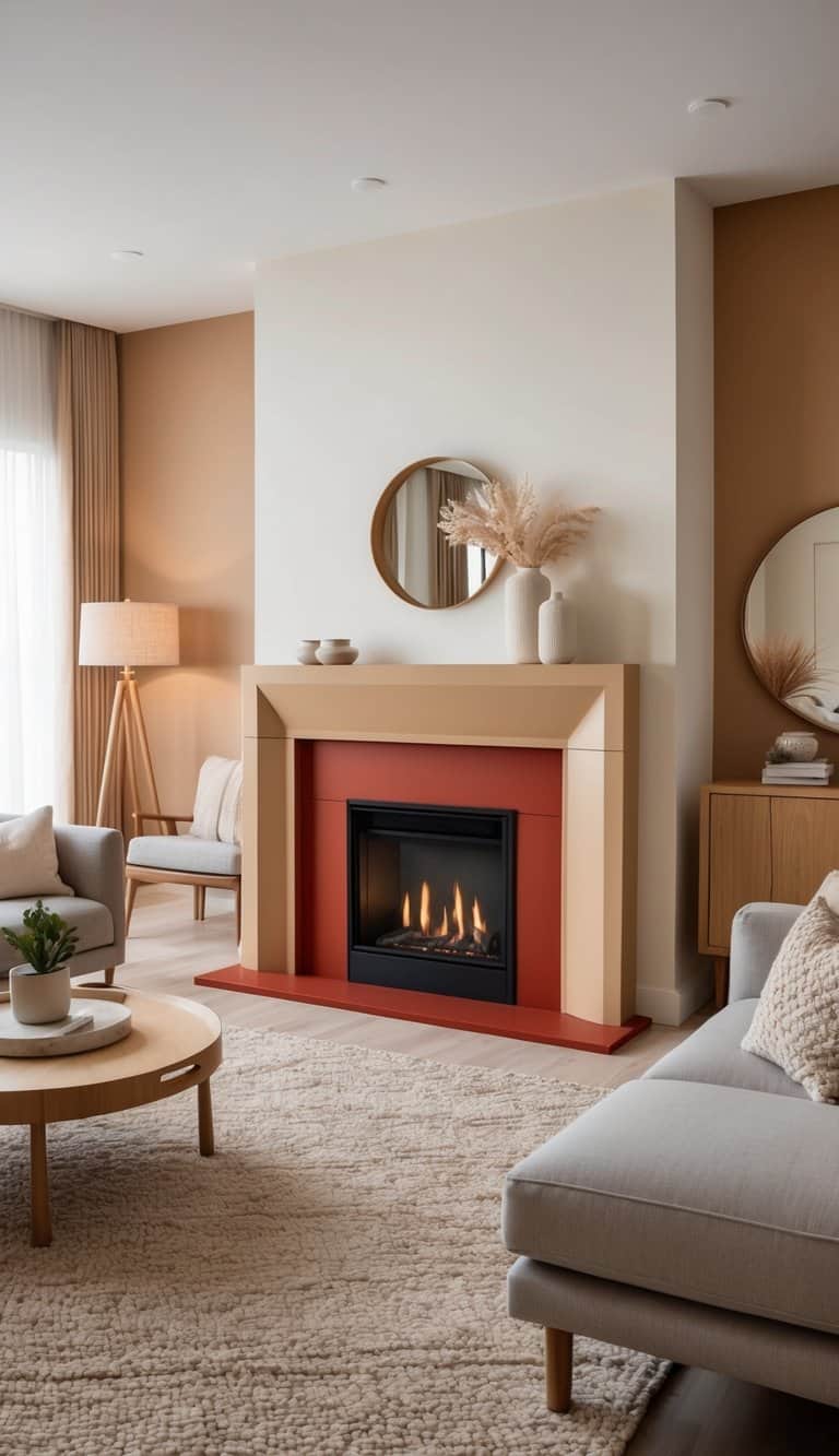 A light camel-colored fireplace with red undertones, set against a cozy living room backdrop with decorative elements