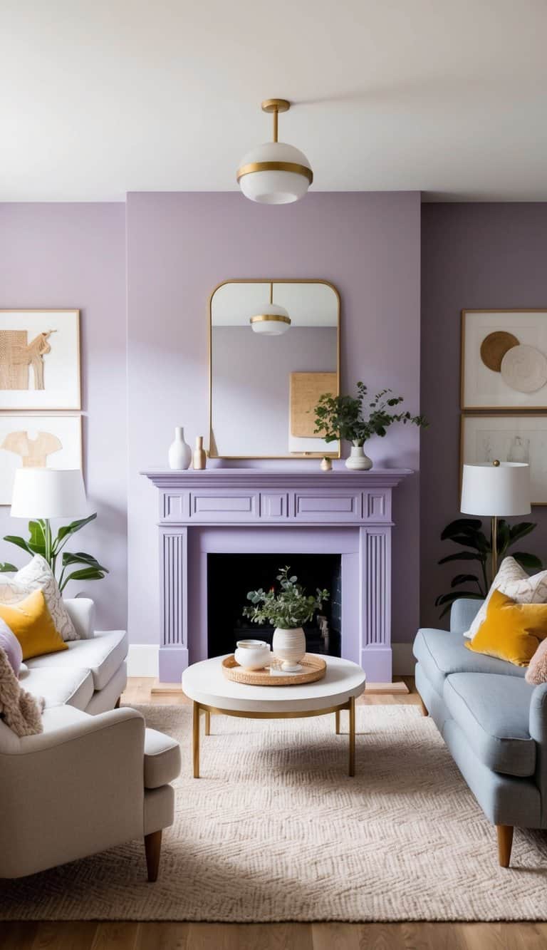 A cozy living room with a painted fireplace in a subtle lavender hue, surrounded by decorative accents and comfortable seating