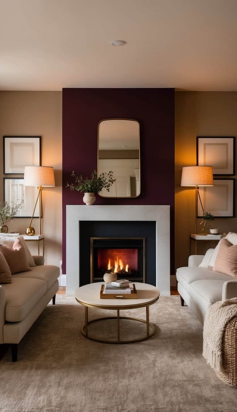 A cozy living room with a rich burgundy fireplace as the focal point, surrounded by elegant decor and warm lighting