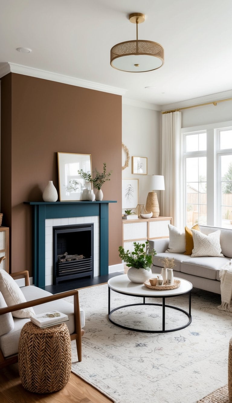 A cozy living room with a painted fireplace in mellow cocoa contrast, surrounded by decorative elements and furniture