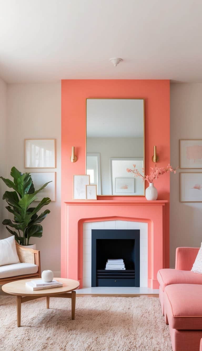 A bright coral pop-painted fireplace with bold, creative color transformation