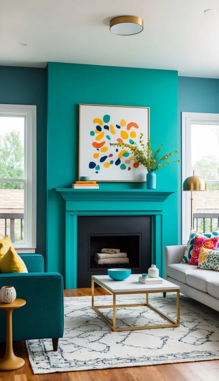 A teal-painted fireplace with vibrant splashes of color and playful patterns