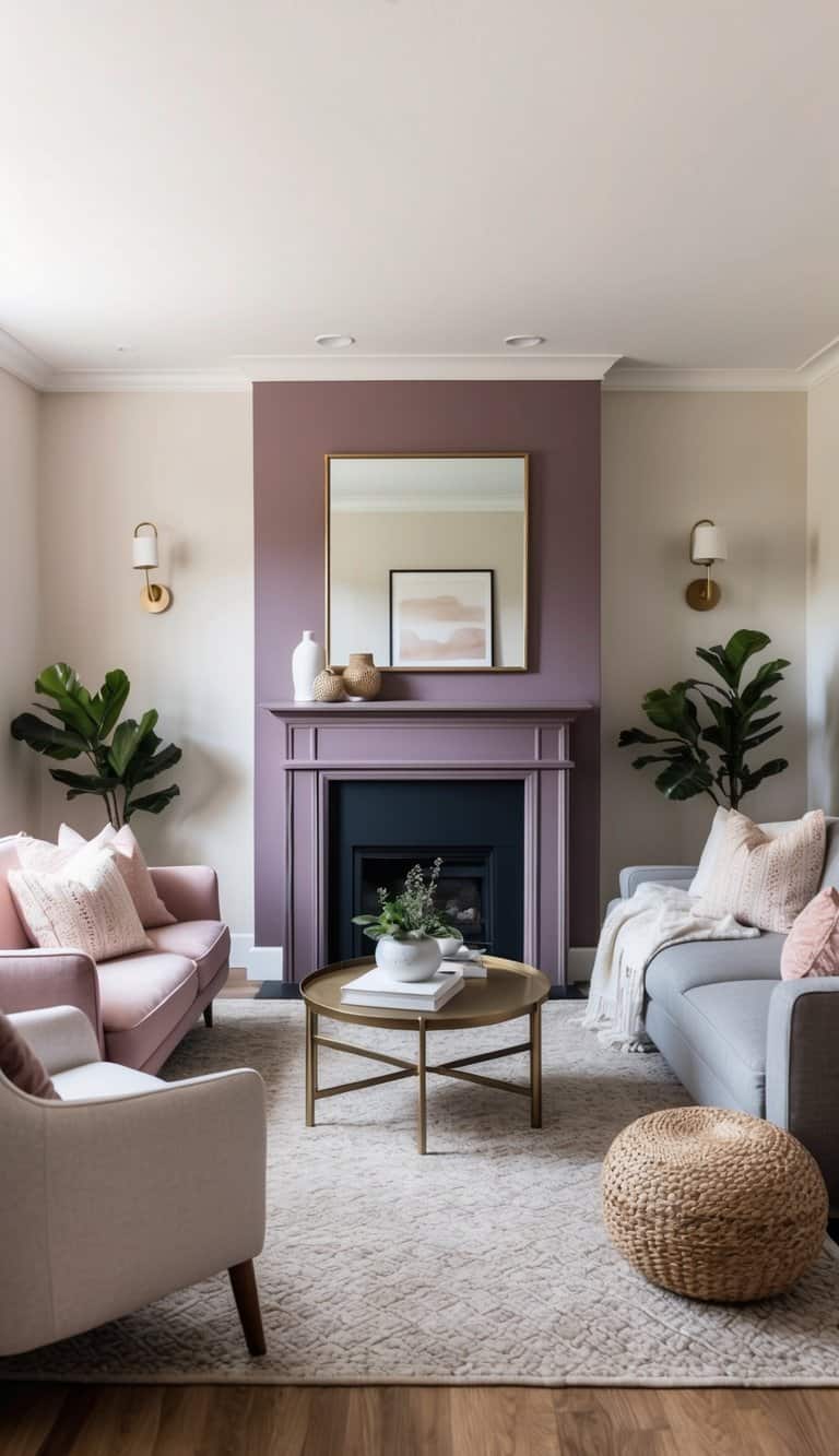 A cozy living room with a painted fireplace in muted plum allure, surrounded by decorative elements and cozy seating