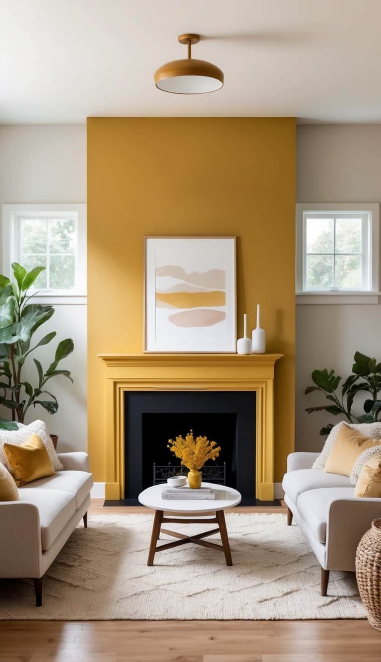 A cozy living room with a fireplace painted in a warm, golden mustard glow, surrounded by creative color transformations