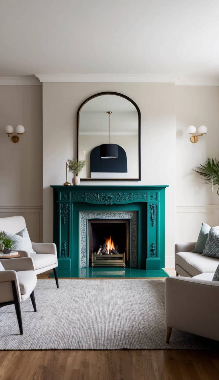 A deep emerald-painted fireplace with intricate details and cozy atmosphere