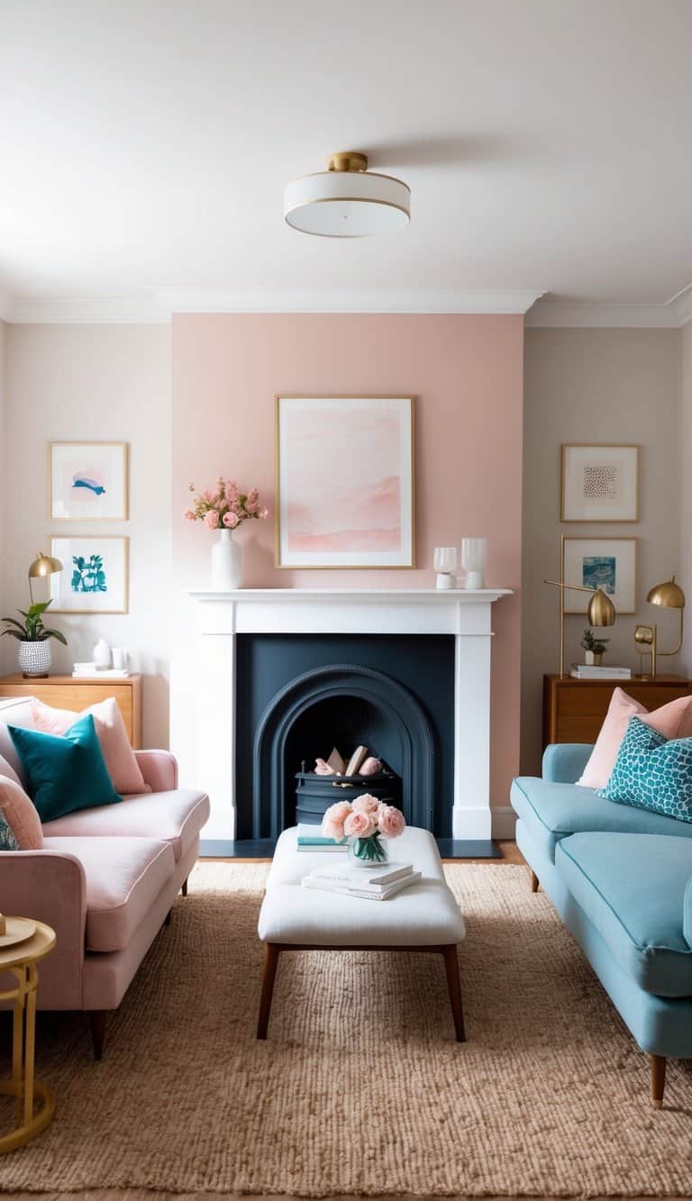 A cozy living room with a painted fireplace in delicate rose blush, surrounded by colorful decor and comfortable furniture