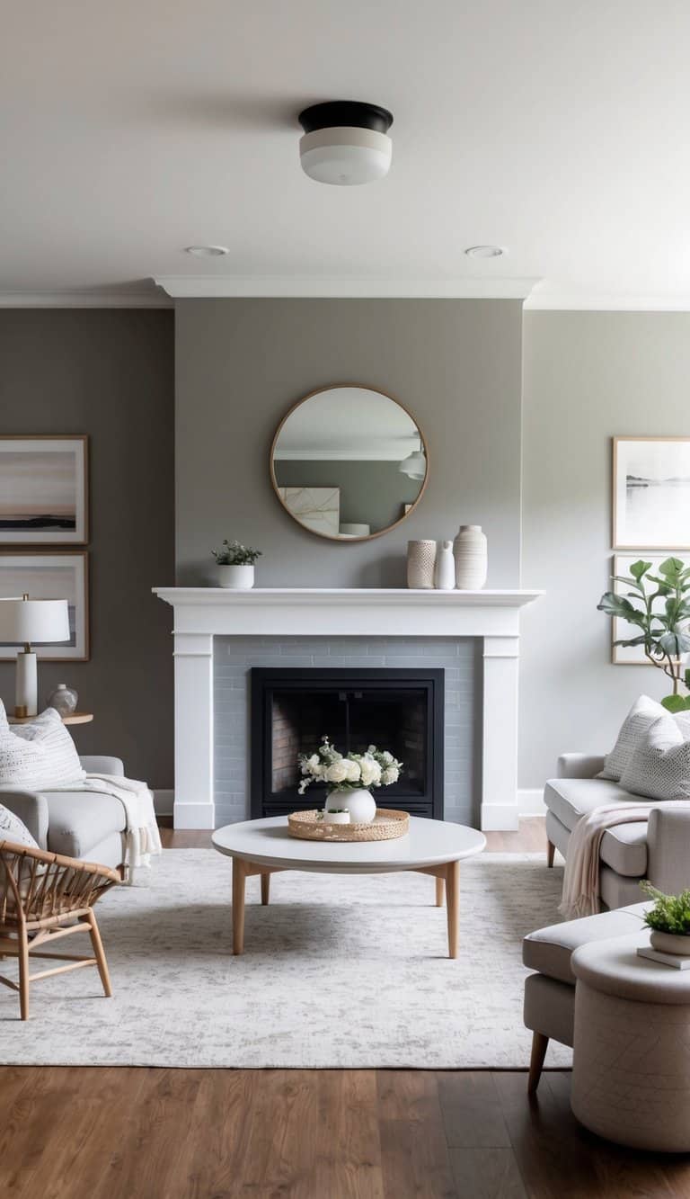 A cozy living room with an ash gray painted fireplace as the focal point, surrounded by stylish decor and comfortable seating