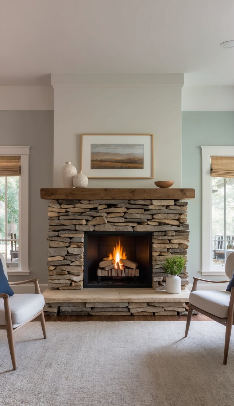 A cozy living room with a stone fireplace featuring a lit fire, a wooden mantel with decorative items, and framed artwork above. Two chairs flank the fireplace, and there is a potted plant on the hearth.