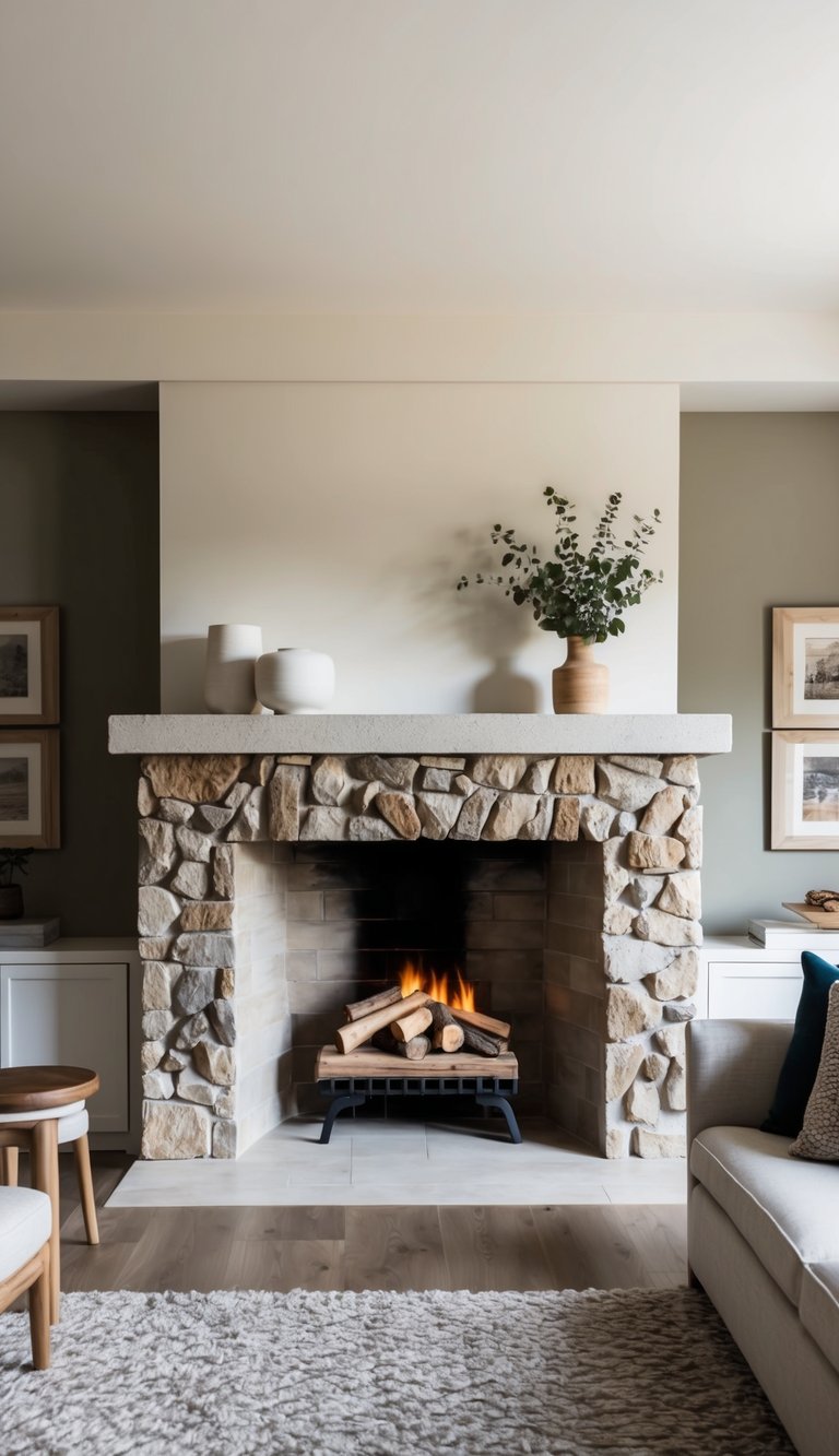 A rustic wood-burning fireplace with stacked logs, set in a traditional hearth of stone