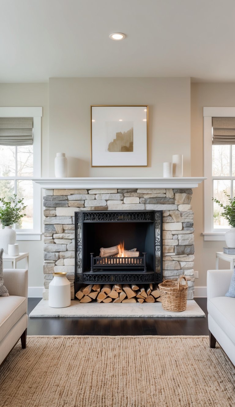 A traditional iron fireplace insert surrounded by stacked logs and stone hearth