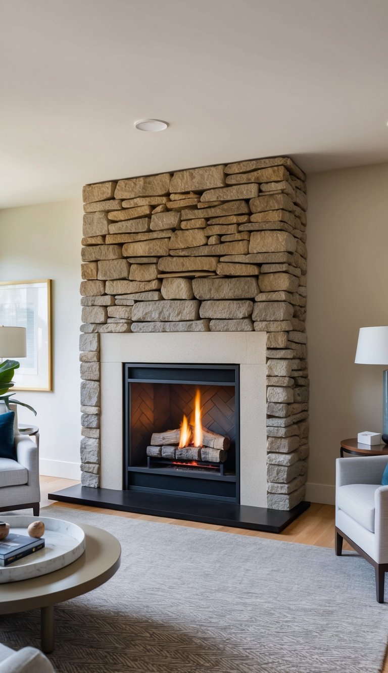 A traditional wood-burning fireplace with stacked logs and a groundstone finish
