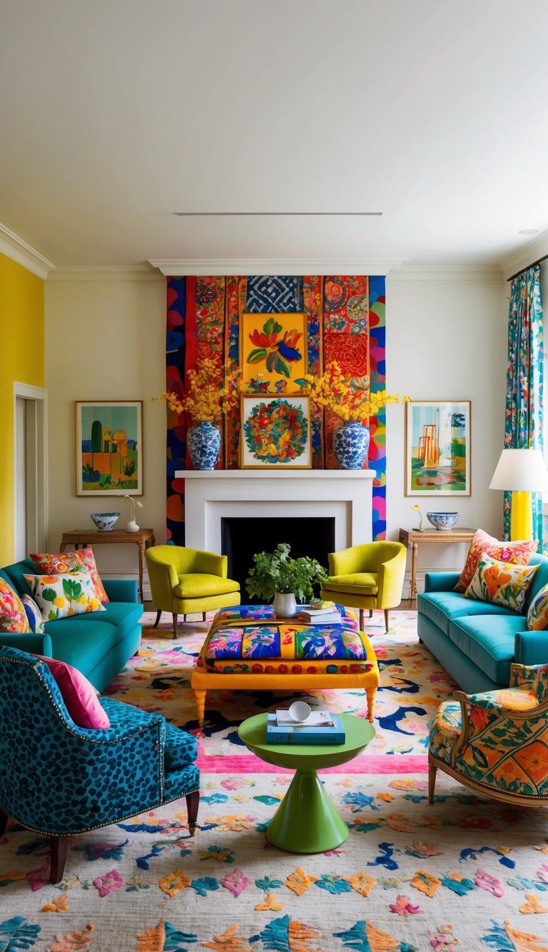 Vibrant antique decor fills the living room: a mix of bold patterns, colorful textiles, and playful designs create a lively and inviting space