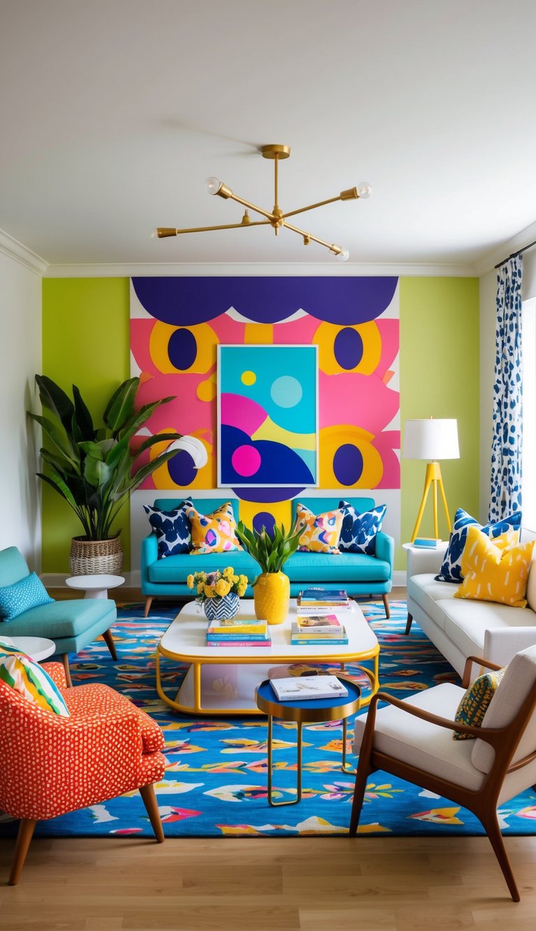 A vibrant living room with bold patterns and bright colors, featuring playful designs and an energetic atmosphere