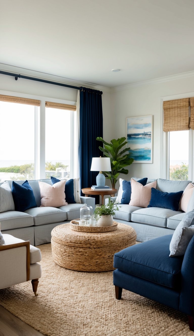 A cozy living room with deep navy accents, soft pastel hues, and coastal decor. Comfortable seating and natural light create an inviting atmosphere
