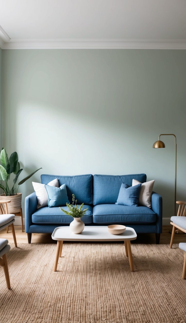 A cozy living room with denim sofas against soft pastel walls, creating a calming and inviting space
