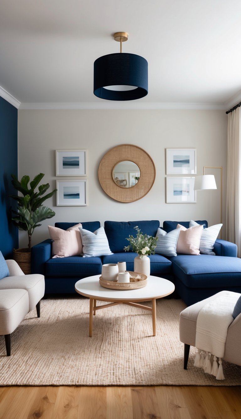 A cozy living room with navy and neutral tones, featuring deep blue accents and soft pastel colors, creating an inviting and calming atmosphere