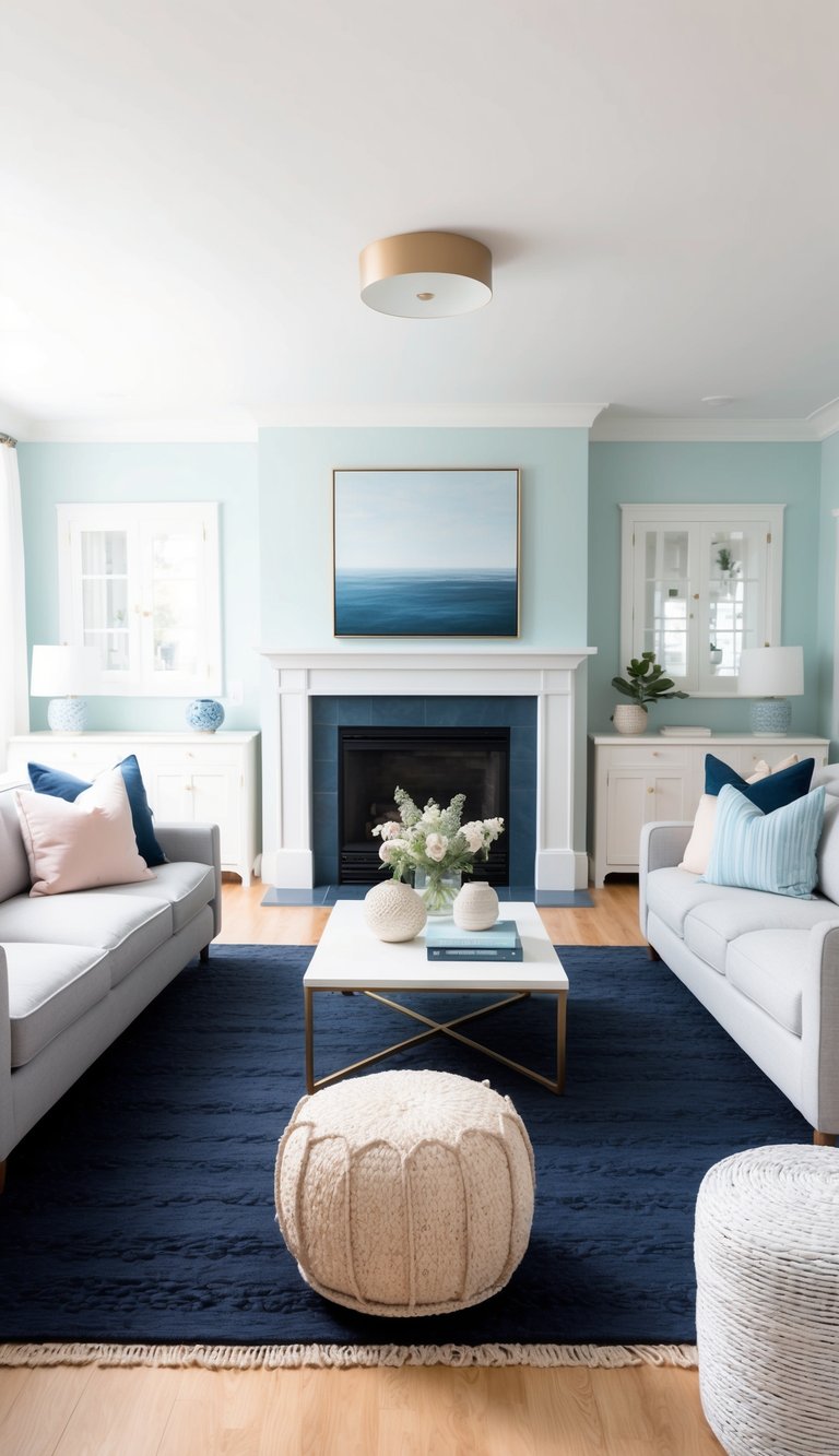 A cozy living room with a deep navy blue rug as the focal point, surrounded by soft pastel and coastal blue accents