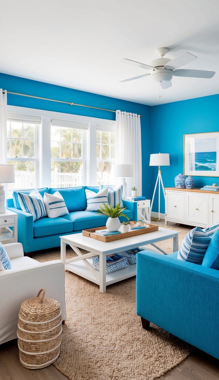 A bright blue living room with white accents and coastal decor