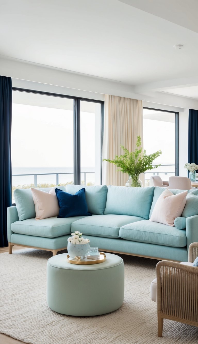 A serene pastel blue sofa in a coastal-themed living room, with deep navy accents and soft pastel decor