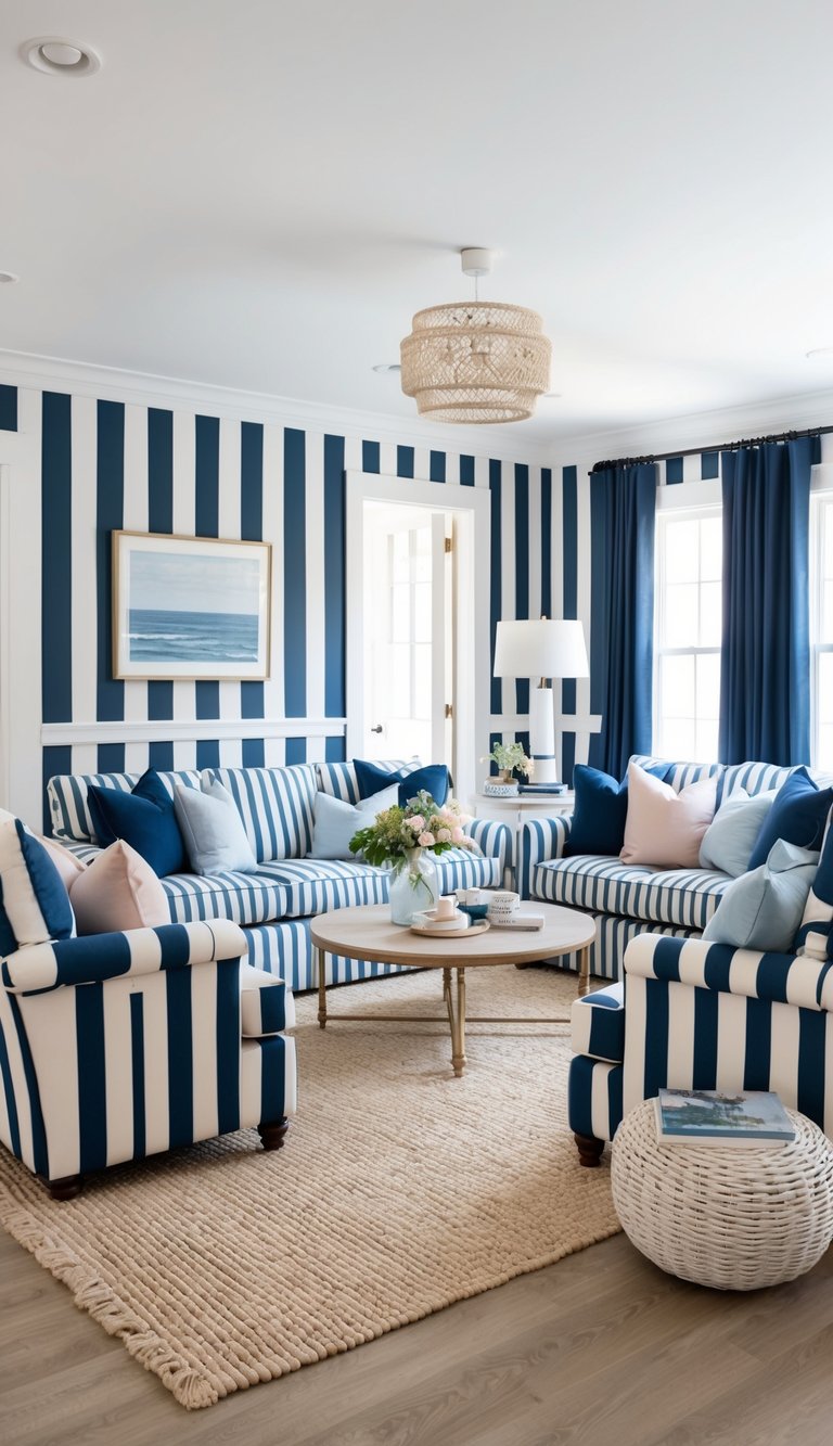 A cozy living room with classic blue and white stripes, accented with deep navy and soft pastel decor. Coastal vibes and inviting ambiance