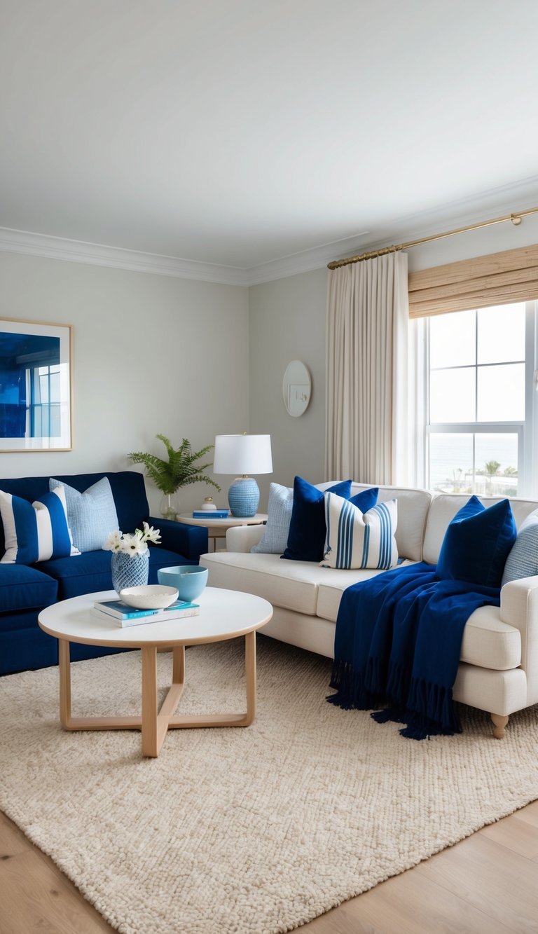 A cozy living room with cobalt blue throws, featuring deep navy and soft pastel accents in a coastal-inspired setting
