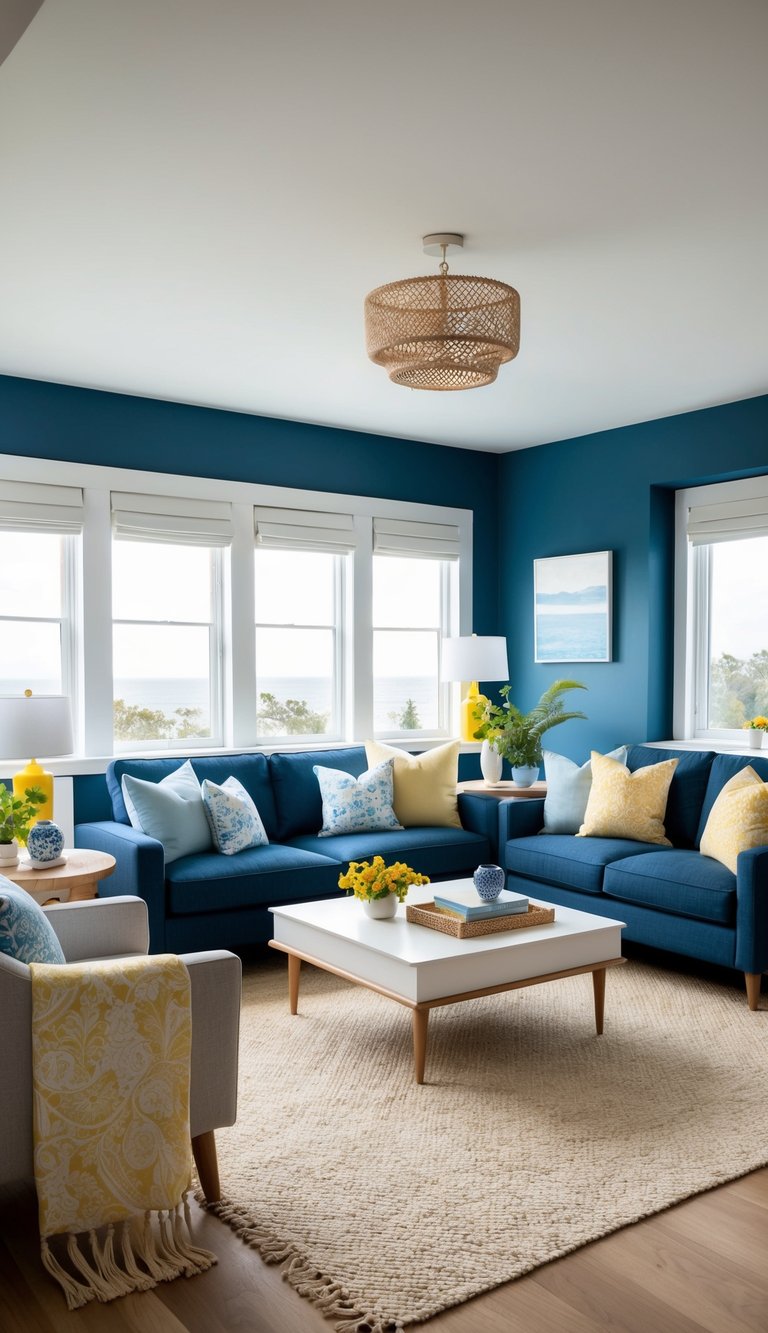 A cozy living room with a mix of sky blue and sunny yellow accents, featuring deep navy and soft pastel hues, creating an inviting coastal atmosphere